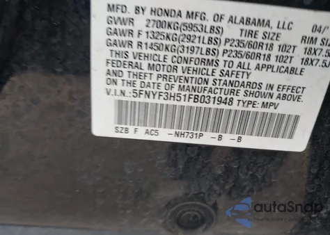 2015 Honda Pilot Ex-L from USA, damaged, VIN 5FNYF3H51FB031948